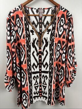 Chico's Coral Black and White Beaded V-Neck Tunic size 3 / XL